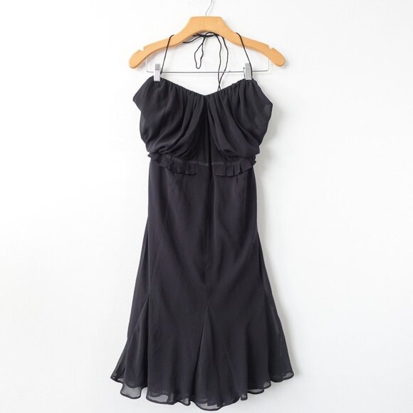 Black Halter Dress Small Mini Sheer Empire Sweetheart CLUB MONACO Pleated Flowy‎ - Picture 1 of 16